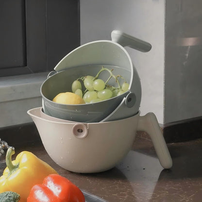 2-1 Kitchen Colander Rotating Washing Basket with Handle - Pasta Strainer - Fruit Washing Bowl with Strainer - Fruit Rinser Container (Avocado Green)
