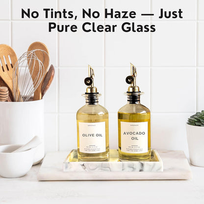 Verspace UV-Protected Green Glass Olive Oil Dispenser Bottles For Kitchen - 2 Pack - 12oz Includes 40 Kitchen Essential Labels, Avocado Oil Dispenser Set, Modern Decor for Home, Airbnb, Cafe