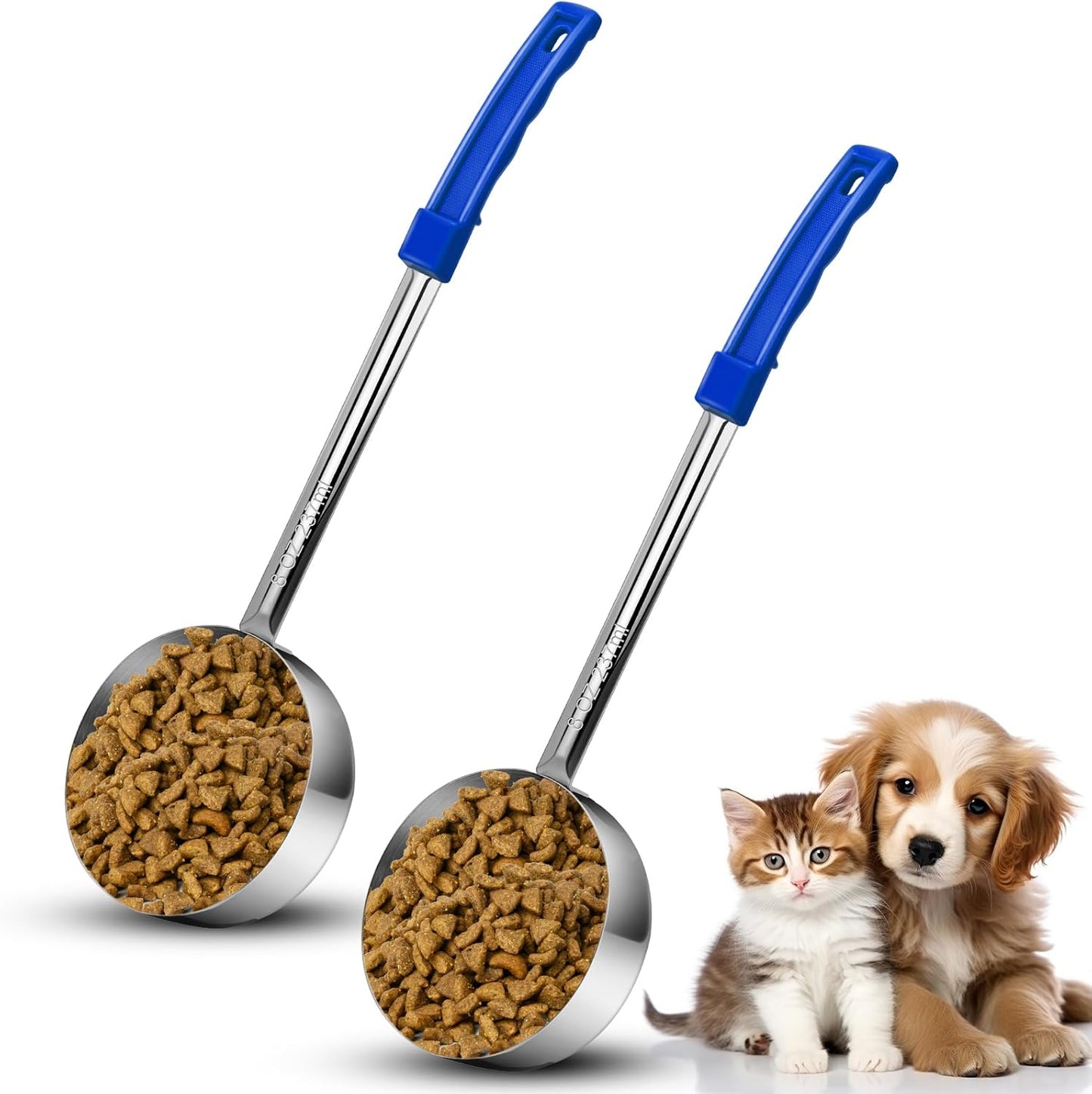2 Pcs Dog Food Scoop Long Handled Scoops 3/4 Cup Stainless Steel Measuring Cups Portion Control Serving Spoons for Dogs Cats Birds and Rabbits Pet Food Feeding Scoop (3/4 Cup)