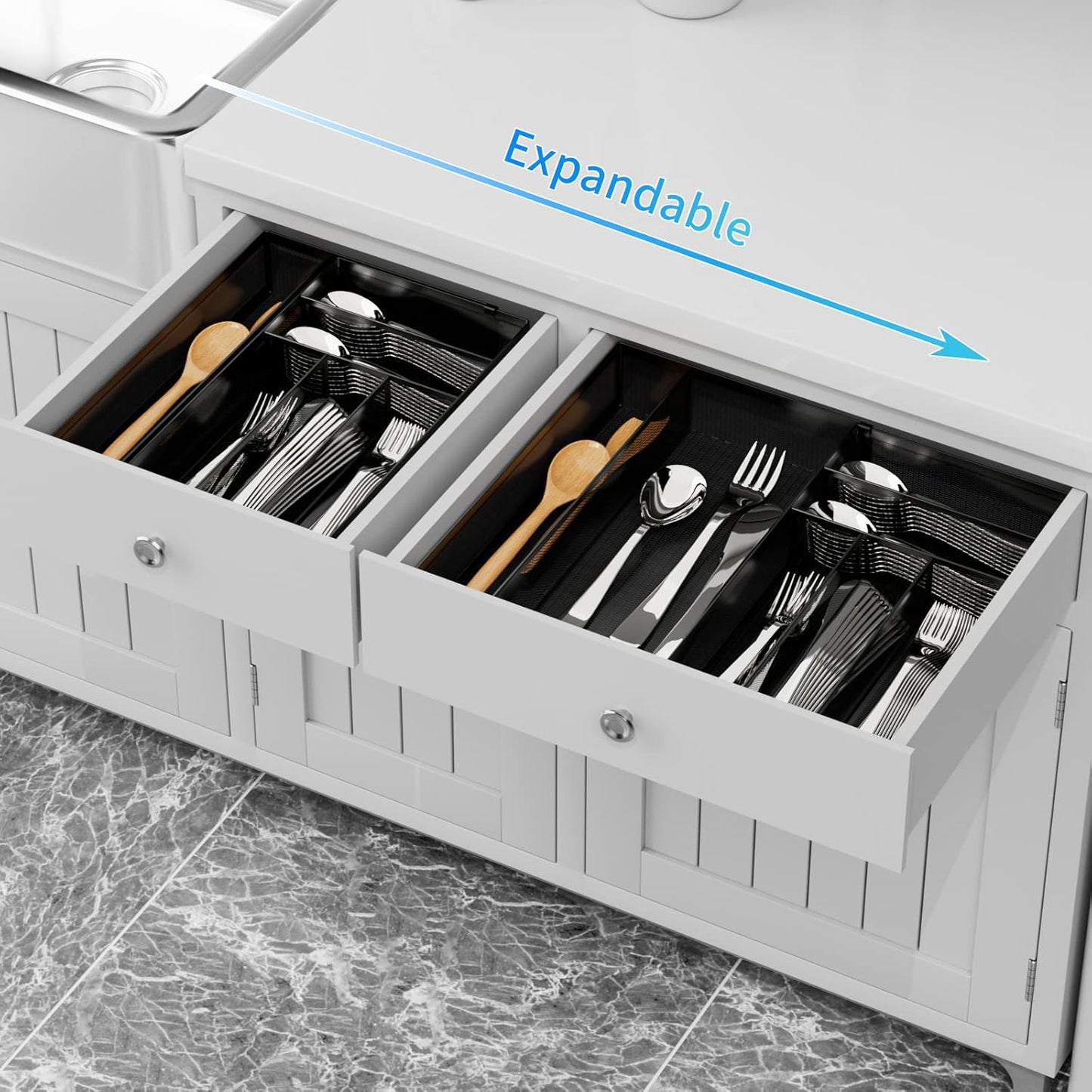 JANE EYRE Utensil Drawer Organizer - Expandable Cutlery Tray, Silverware/Flatware Storage Divider for Kitchen, Mesh Designing with Non-slip Rubber Feet (Silver)