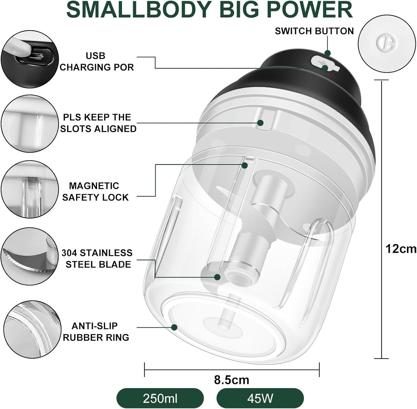 400ML Electric Garlic Chopper, 6 Blades Garlic Grinder Mini Vegetable Chopper, USB Portable Veggie Chopper, Onion Mincer, Food Processor for Ginger, Chili, Fruit, Meat