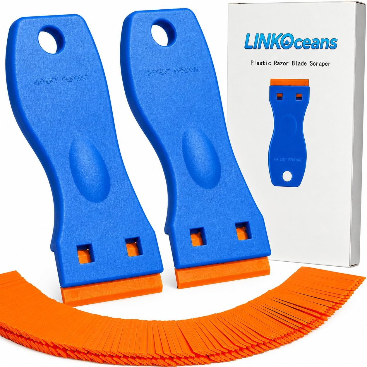 2PCS Plastic Razor Blade Scrapers with 100 Blades – Safe Adhesive Remover for Stickers, Decals, Labels, Caulk & Gaskets on 3D printer beds,Glass,car or Windows Non Scratch Cleaning Tool