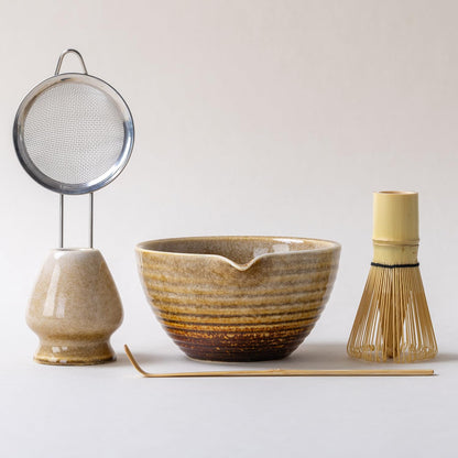 Traditional Matcha Tea Ceremony Set with Ceramic Bowl, Bamboo Whisk, Stand and Strainer, 5-Piece (yellow)