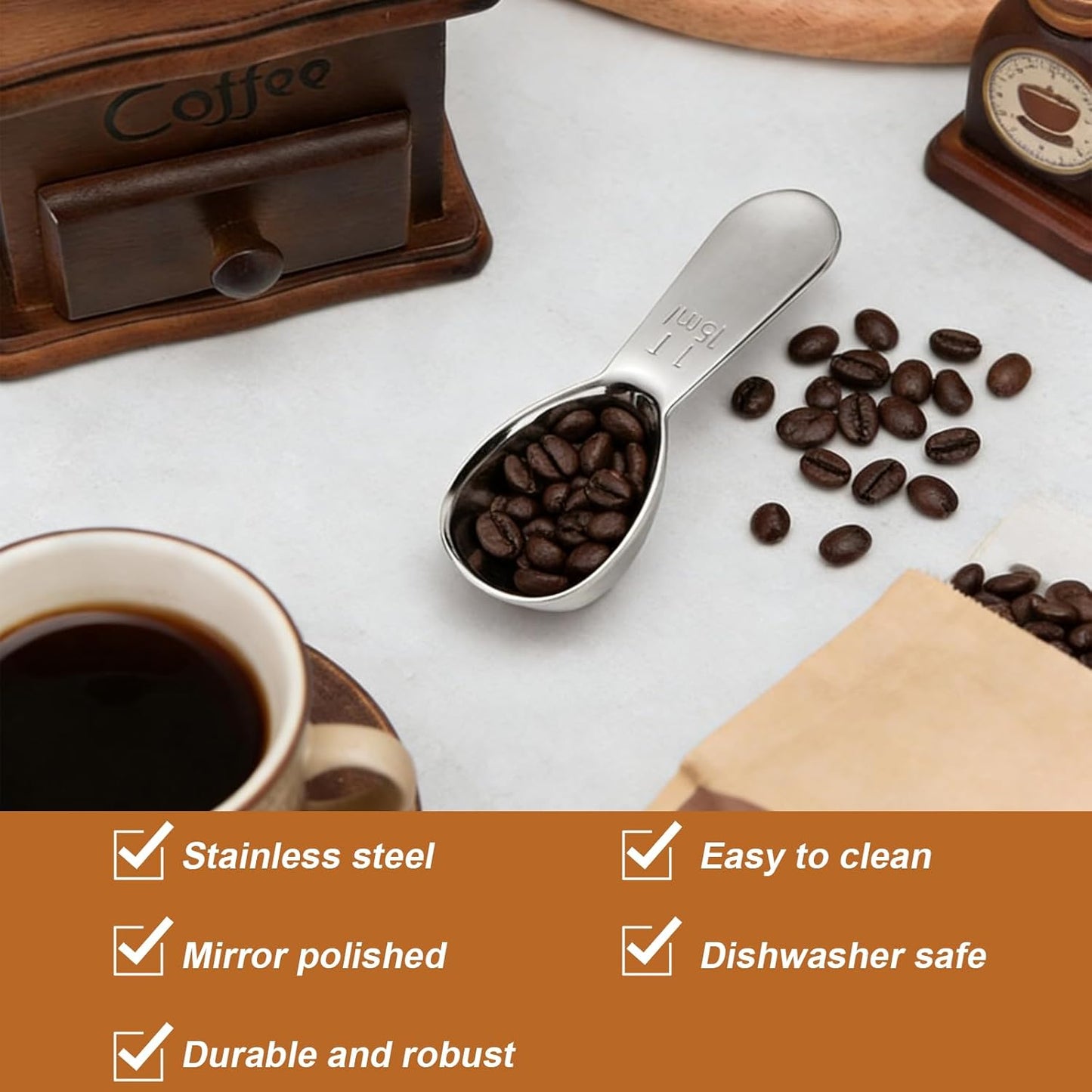 2 Pack 15ml (1 Tablespoon) 304 Stainless Steel Coffee Scoop, Short Handle Measuring Spoon for Ground Coffee/Beans, Fits in Canisters