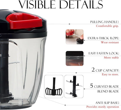 Ourokhome Manual Food Processor Vegetable Chopper, Portable Hand Pull String Garlic Mincer Onion Cutter for Veggies, Ginger, Fruits, Nuts, Herbs, etc., 500ml, Deep Blue