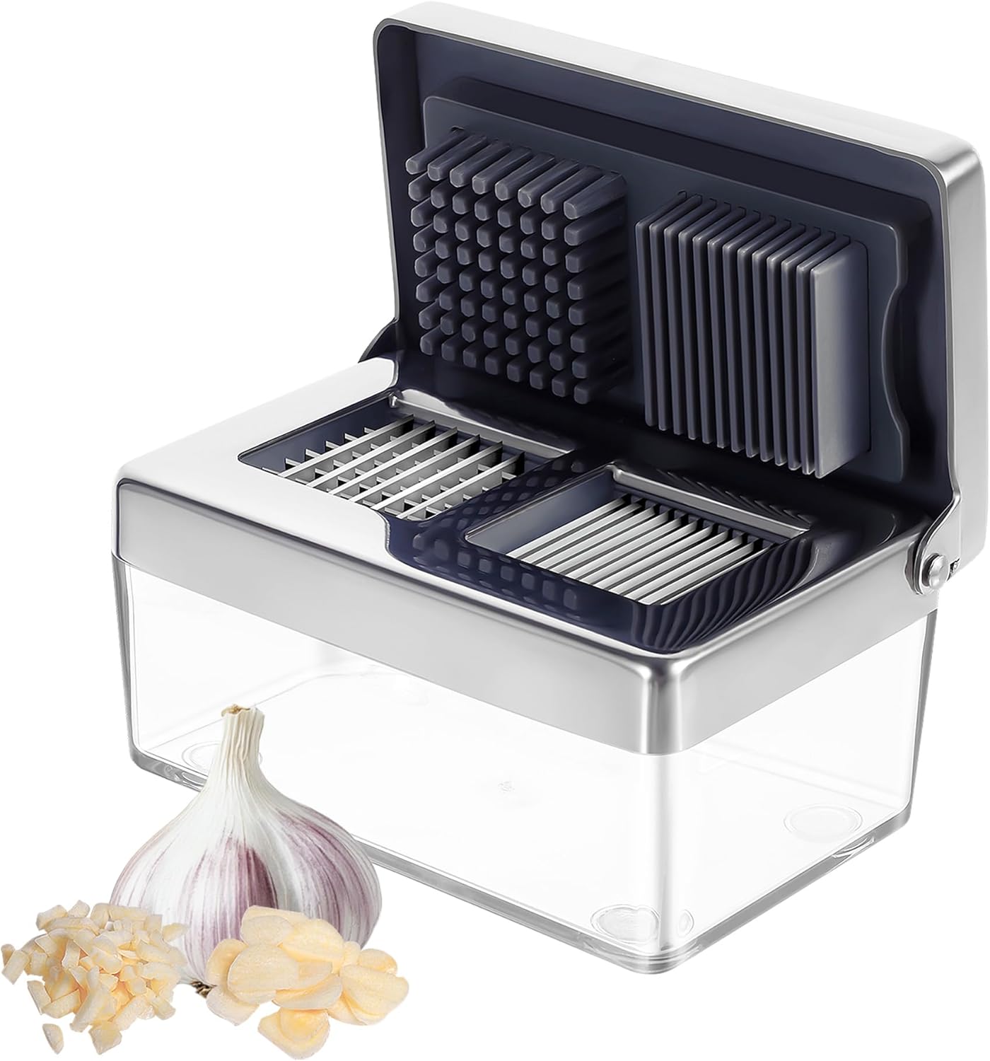 Garlic Press Stainless Steel, Garlic Chopper Mini & Slicer Super Thin 2 in 1, Odor Free Ginger Dicer With Storage Container, Dishwasher Safe Mini Chopper, Premium Mincer with 5-Year warranty