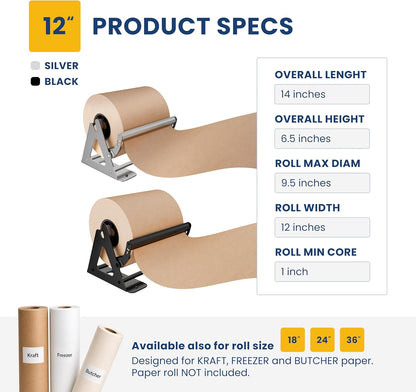 DIY Crew 12 Inch Paper Roll Dispenser and Cutter - Heavy-Duty Wall Mountable, Non Slip Tabletop - Kraft, Freezer, Butcher Paper - Up to 1000ft Rolls