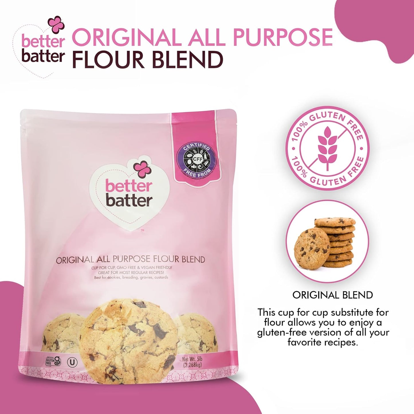 Better Batter Original Blend Multipurpose Gluten Free Flour 2.5lb – Certified GFCO, Vegan, Kosher, Non-GMO – Top 9 Allergen Free, Award Winning Cup-for-Cup Baking Alternative to Regular Wheat Flour