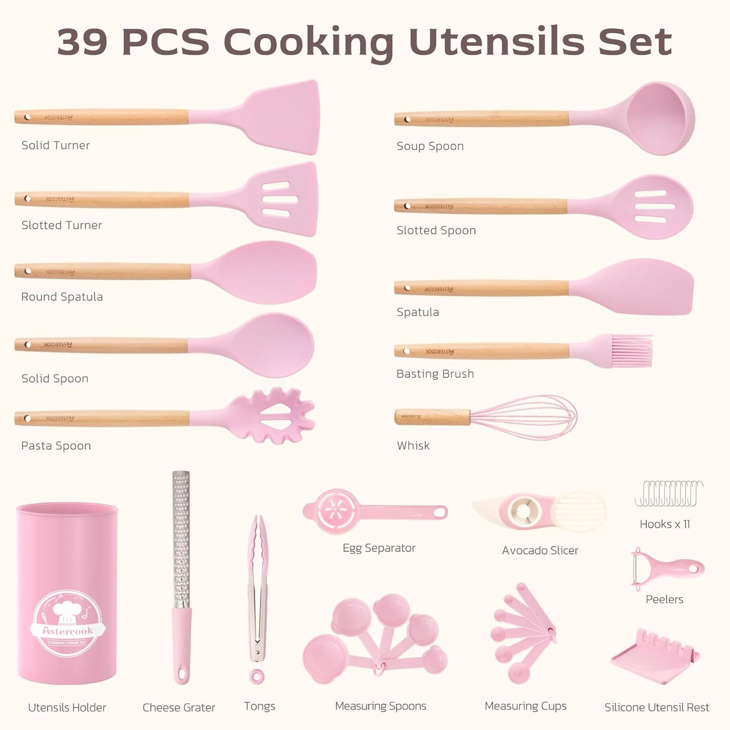 Astercook 39 PCS Kitchen Utensils Set, Silicone Cooking Utensil Sets with Wooden Handle, 446°F Heat Resistant Food Grade Spatula Set, BPA Free Kitchen Gadgets Tools Set & Spoons for Nonstick Cookware
