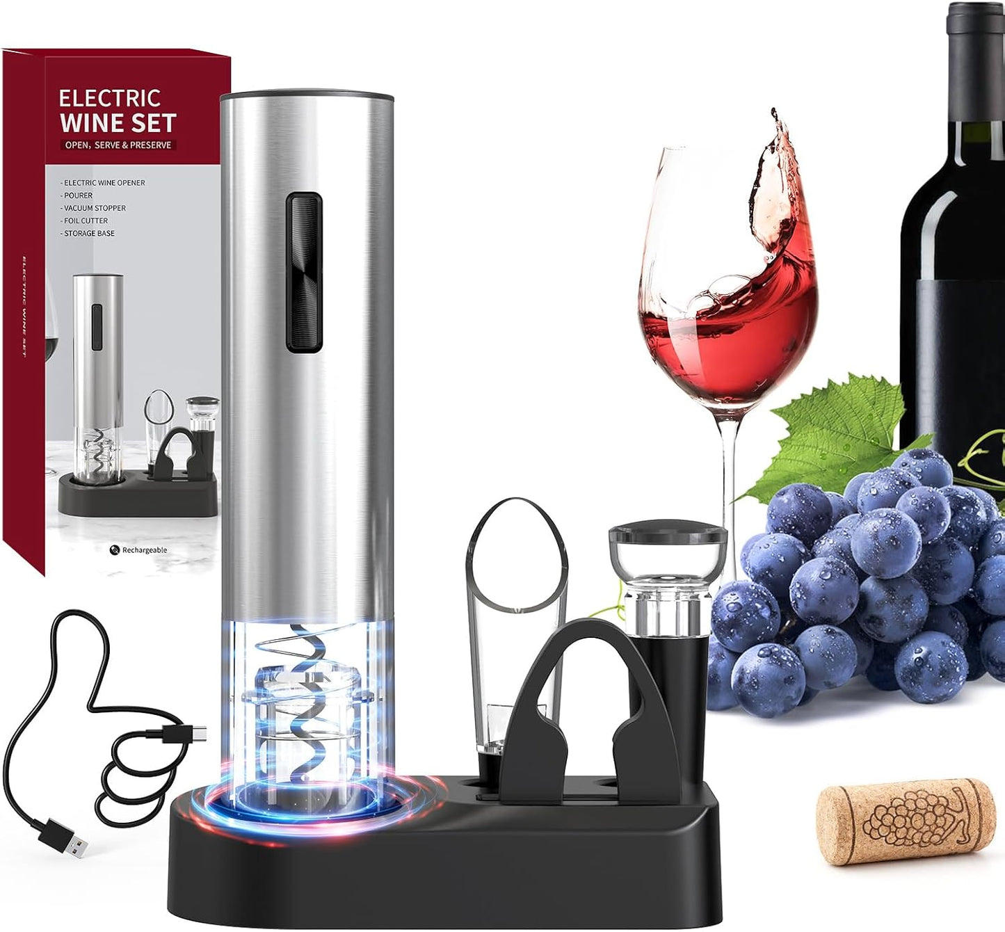 CIRCLE JOY Electric Wine Opener Stainless Steel Rechargeable Automatic Wine Bottle Opener Set 7-in-1 Wine Gifts for Wine Lovers with Charging Base, Foil Cutter, Wine Aerator Pourer & 2 Vacuum Stoppers