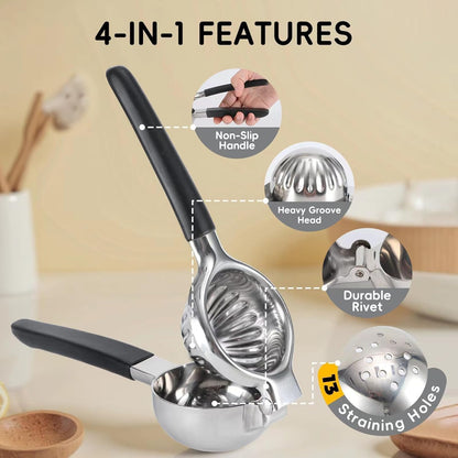 YXT&BEYOND Large Lemon Squeezer Set, 304 Stainless Steel Lime Squeezer w/13 Filter Holes & Fine Strainer, Manual Lemon Press Juicer - Metal Citrus Press Juicer with Non-Slip Handles, Dishwasher Safe