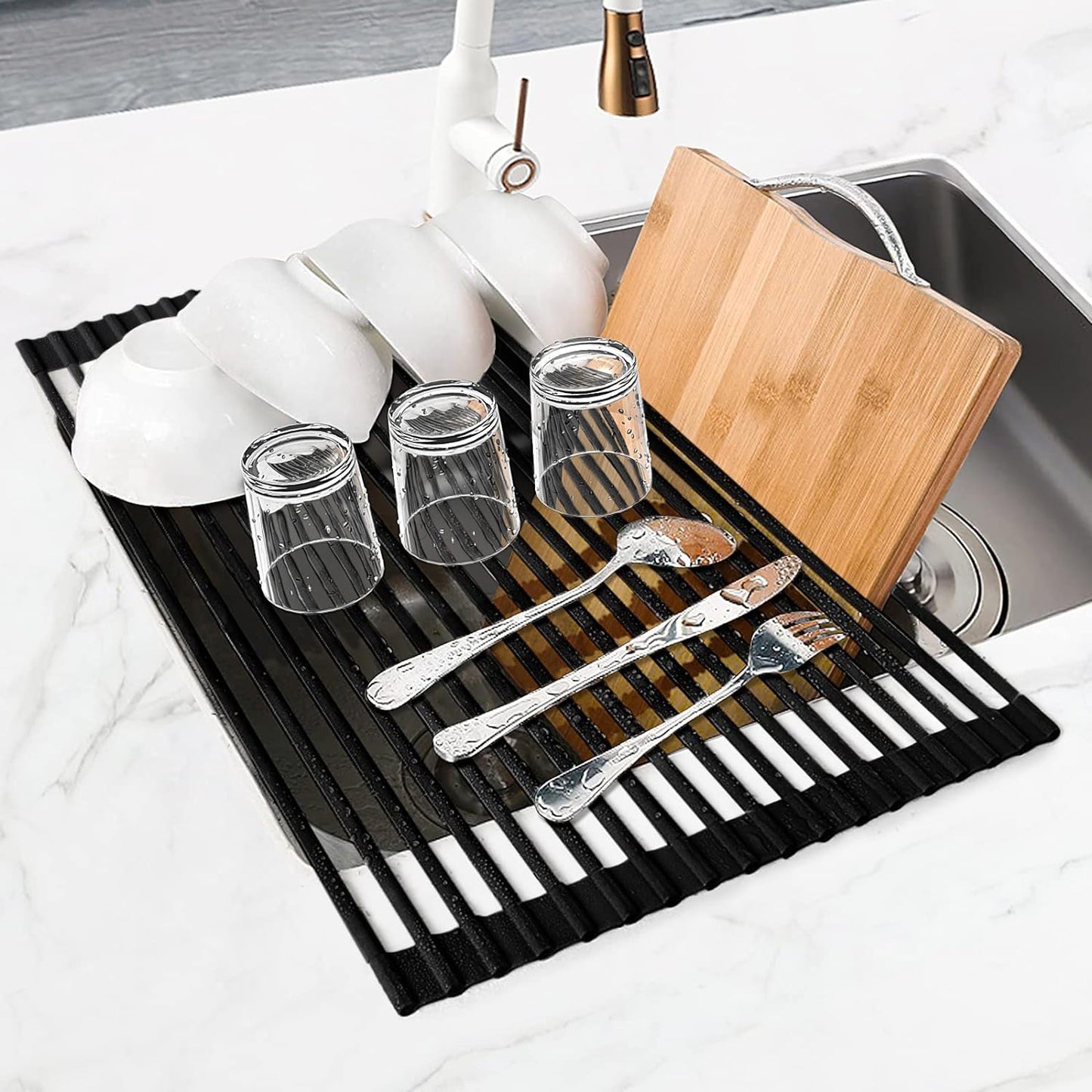 MERRYBOX Roll Up Over The Sink Dish Drying Rack Silicone Wrapped Foldable, Heat-Resistant, Anti-Slip Sink Rack Multipurpose Dish Drainer for Kitchen Sink Counter - White, 17.5" x 11"