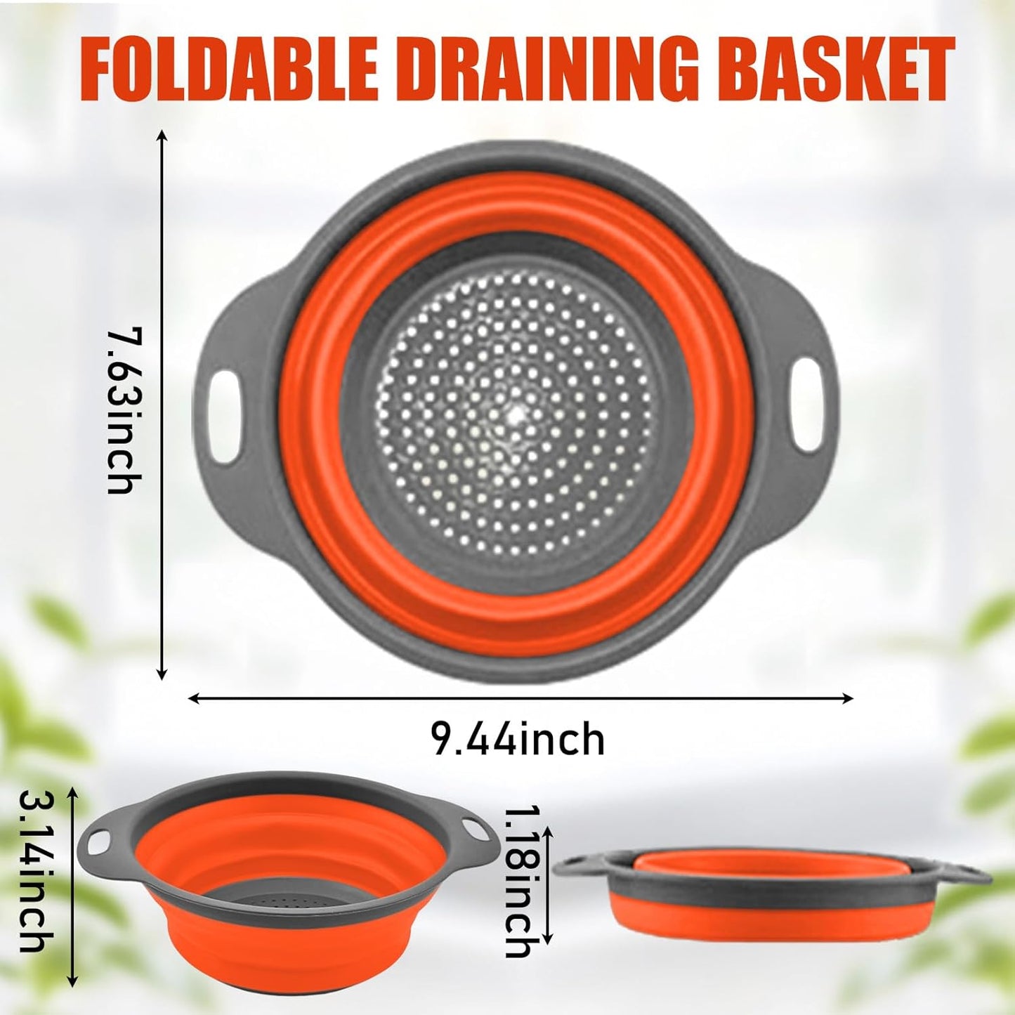 Collapsible Colanders, Food Strainers for Kitchen Use, Food-Grade Silicone Folding Strainer for Rinsing and Draining, Orange