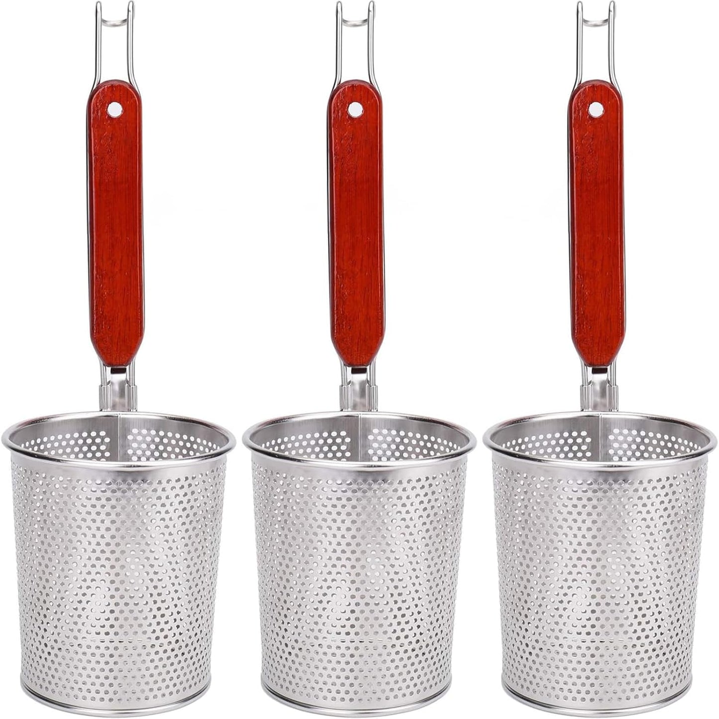 Lawei 3 Packs Mesh Pasta Basket with Wooden Handle Stainless Steel Mesh Spider Strainer for Pasta, Noodles, Dumpling