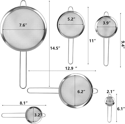 6 Pcs Fine Mesh Strainers with Handle, Stainless Steel Sifter Small Medium Large Strainer Set, Metal Sieve for Baking Flour, Tea, Cocktail, Juice