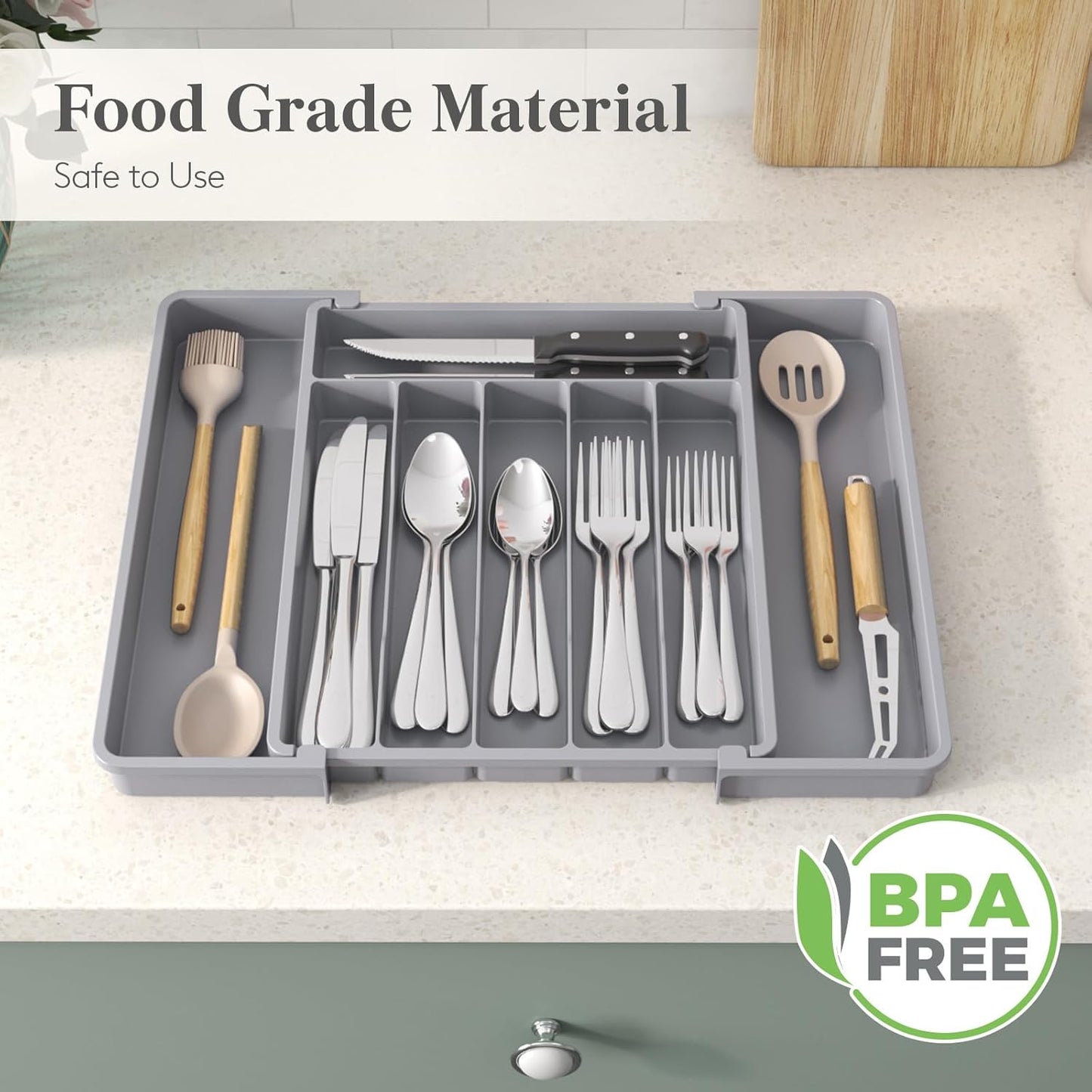 Lifewit Silverware Drawer Organizer, Expandable Utensil Tray for Kitchen, BPA Free Flatware and Cutlery Holder, Adjustable Plastic Storage for Spoons Forks Knives, 11-18 x 14", Black