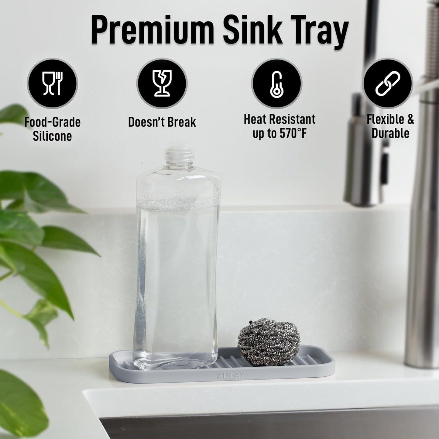 Zulay Kitchen (9x3.5in Sponge Holder for Kitchen Sink - Flexible Heavy-duty Multipurpose Sink Caddy - Counter Organizer for Kitchen, Bathroom, Makeup, Trinkets & More! (Grey)