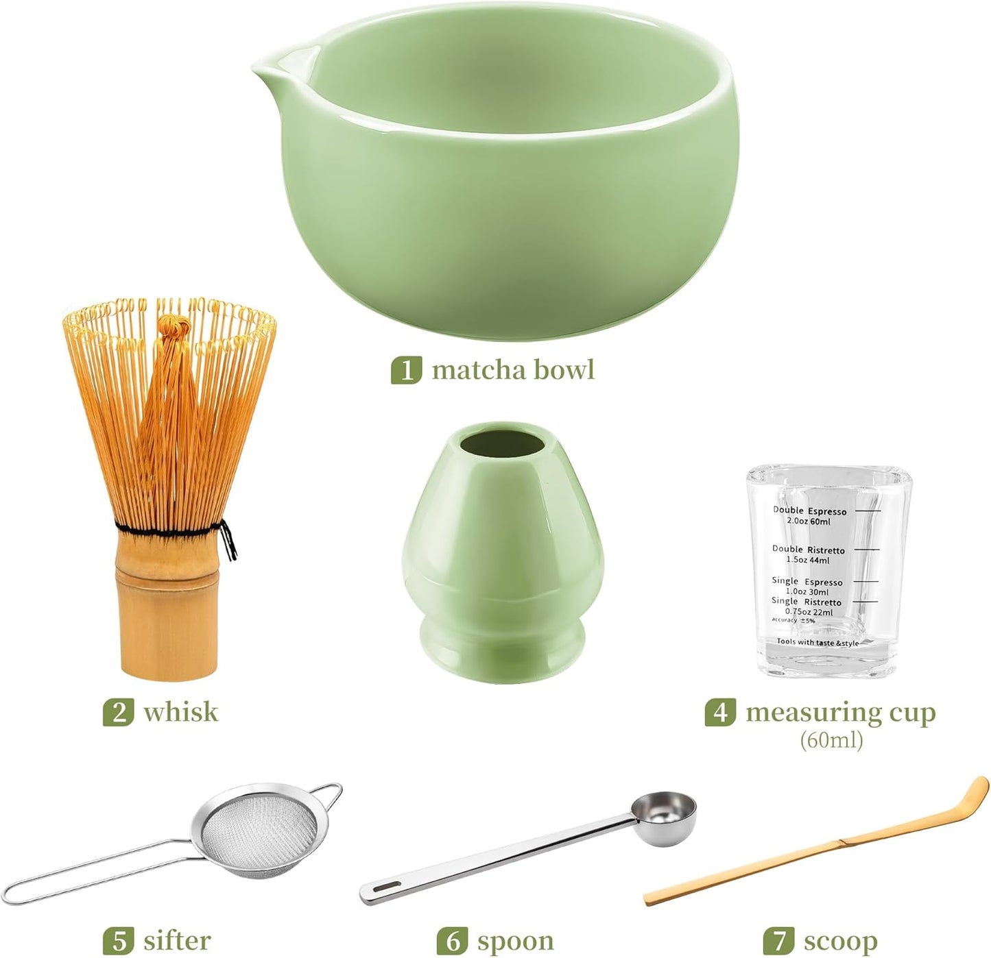 YIBO Matcha Whisk Set With Bowl, Ceramic Matcha Making Kit Includes Bamboo Whisk (Chasen), Holder Stand, Powder Starter Sifter, Scoop, Measuring Spoon & Cup Tea Tools For Ceremony (Mottled Green)