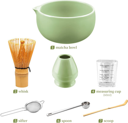 YIBO Matcha Whisk Set With Bowl, Ceramic Matcha Making Kit Includes Bamboo Whisk (Chasen), Holder Stand, Powder Starter Sifter, Scoop, Measuring Spoon & Cup Tea Tools For Ceremony (Mottled Green)