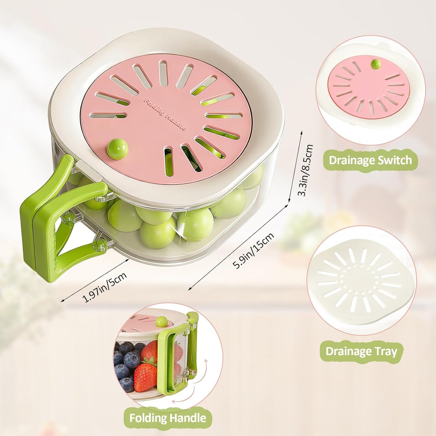 Fruit Vegetable Washing Bowl with Strainer - Multifunctional Berry Container, Produce Washer & Draining Colander Basket with Lid for Fridge Storage (Pink)