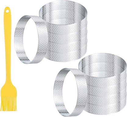 uxcell 10pcs Perforated Cake Rings 2.4 Inch Stainless Steel Round Cake Mousse Ring Molds with Brush for Baking Cake Dessert Pastry Making, Silver Tone