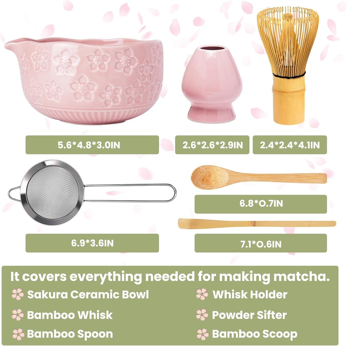 Matcha Whisk Set, Sakura Blue Ceramic Matcha Set Includes Matcha Bowl, Matcha Whisk (Chasen) and Holder, Sifter, Bamboo Scoop & Spoon - 6 Pcs Matcha Kit for Matcha Lovers