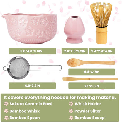 Matcha Whisk Set, Sakura Blue Ceramic Matcha Set Includes Matcha Bowl, Matcha Whisk (Chasen) and Holder, Sifter, Bamboo Scoop & Spoon - 6 Pcs Matcha Kit for Matcha Lovers