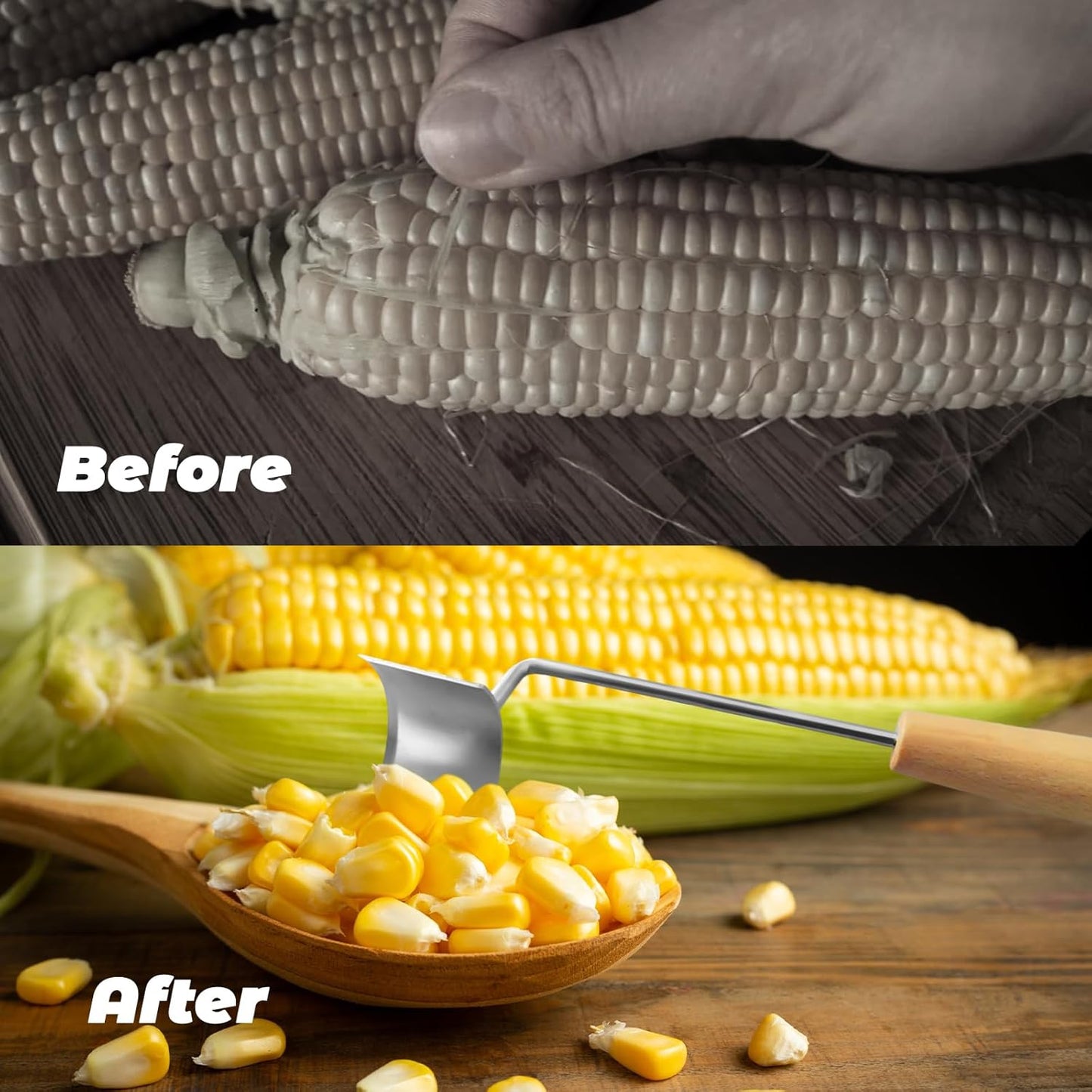 Corn Stripper Tool - Efficient Kernel Remover & Shucker for Fresh Corn, with Wooden Handle 3Pcs