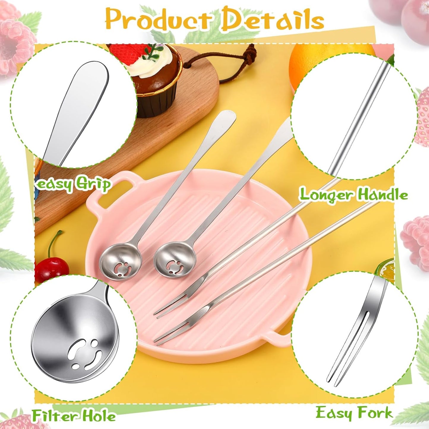 Didaey 4 Pcs Pickle Fork and Olive Spoon Strainer Set Stainless Steel Long Handle Pick Jar Serving Spoon with Drain Hole Prong for Onion Cucumber Arugula(Classic Style)