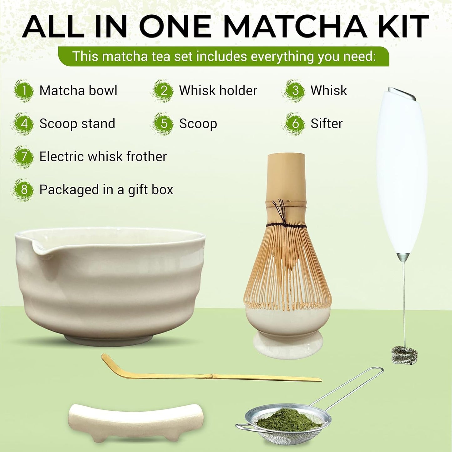 Matcha Whisk Set with Matcha Bowl - Matcha Set Included Electric Frother, Bamboo Whisk, Matcha Spoon, Bamboo Holder, Sifter, Spoon Stand (Blossom Pink)