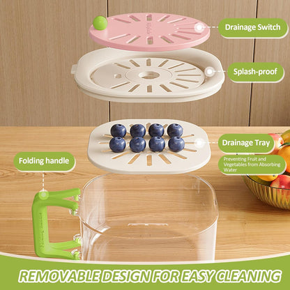 Fruit Vegetable Washing Bowl with Strainer - Multifunctional Berry Container, Produce Washer & Draining Colander Basket with Lid for Fridge Storage (Pink)