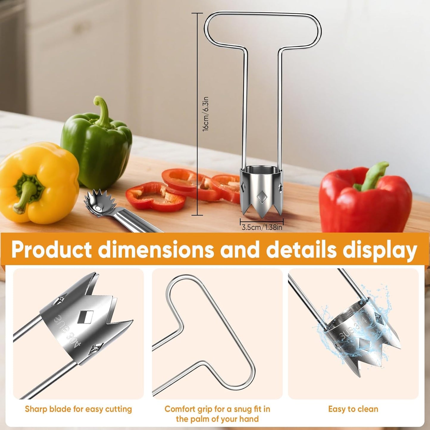 Red Bell Pepper Seed Corer - Fruit Vegetable Stem Remover for Pepper Pineapple Pear Apple Tomato, 304 Stainless Steel Rust Resistant, Easy to Use & Clean Kitchen Gadgets Tool (1 Set)