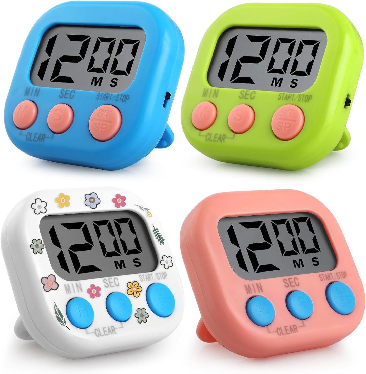 GeeRic Kitchen Timers 4 Pack, Electronic Timers with Loud Alarm for Cooking, Magnetic Digital Timers Big LCD Display Blue Green Pink White (No Battery Included)