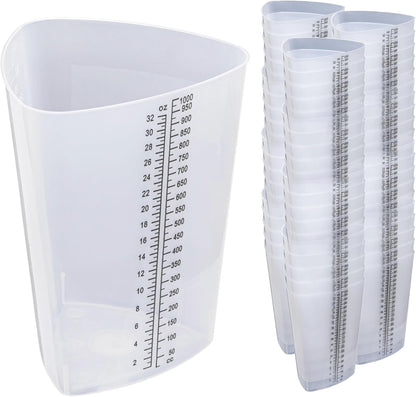 Vakly Plastic Graduated Triangular Intake Output Container [5 Pack] 32 ounce Three-Sided Translucent Laboratory Beaker for Measuring & Mixing - Clear Markings in oz & cc - for Specimen, Paint & Epoxy