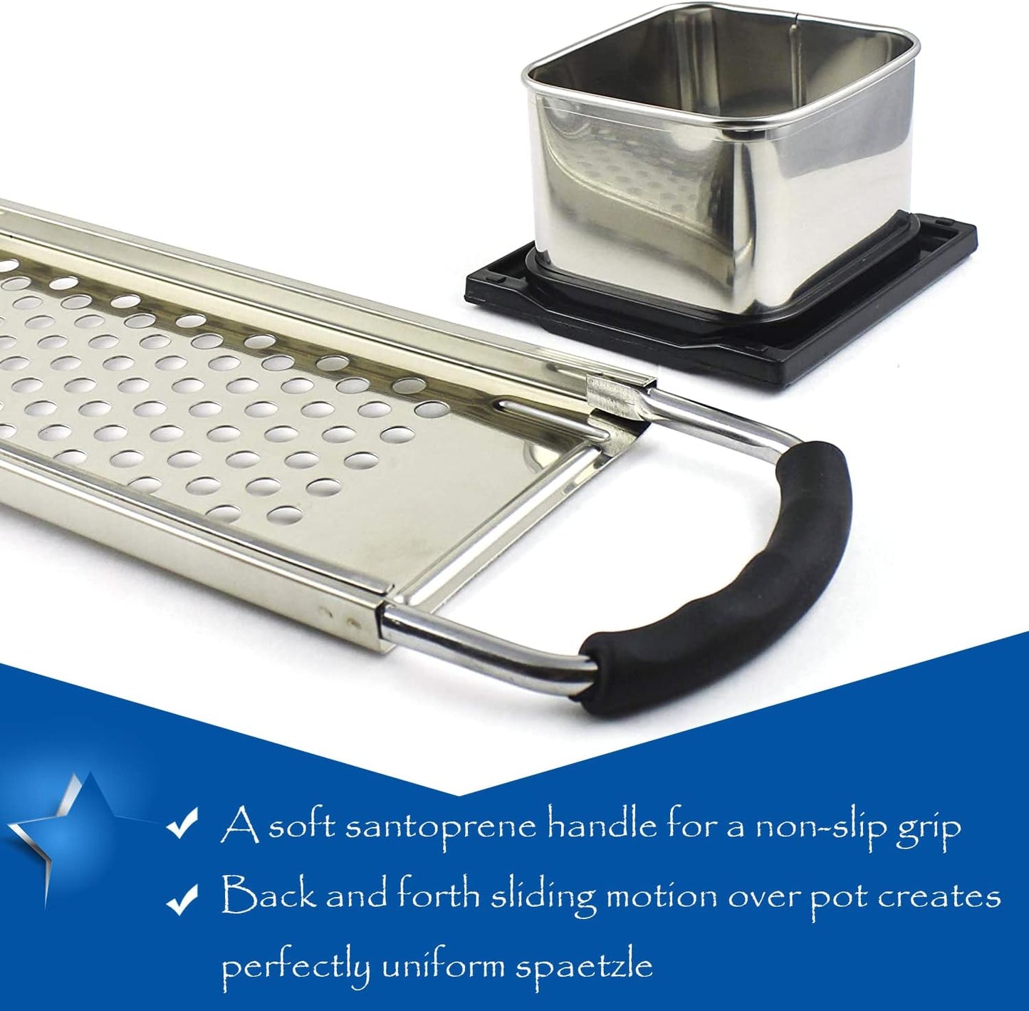 KEISSCO Stainless Steel Spaetzle Maker with Comfort Grip Handle, Homemade Traditional German Egg Noodle Dumpling Making Tool Set