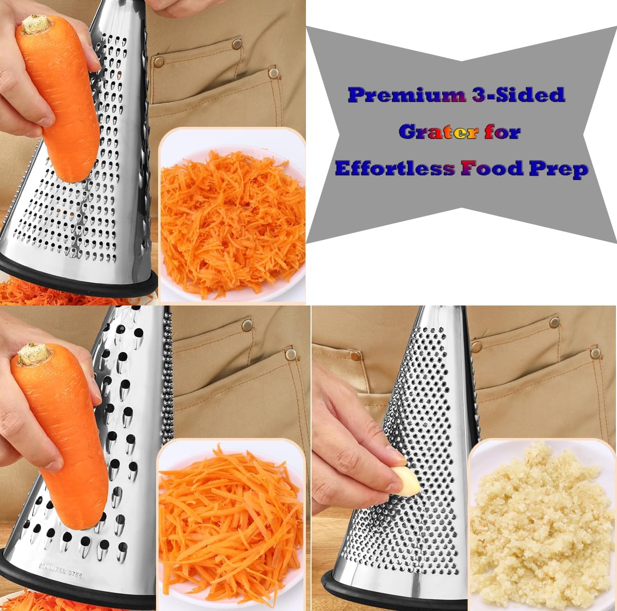 Cheese Grater, 3-Sided Stainless Steel Box Grater, 10 inch stainless steel conical planer kitchen tool, Ergonomic Rotary Grinder with Non-Slip Base Cheese, potato shreds, Ground into Minced Garlic