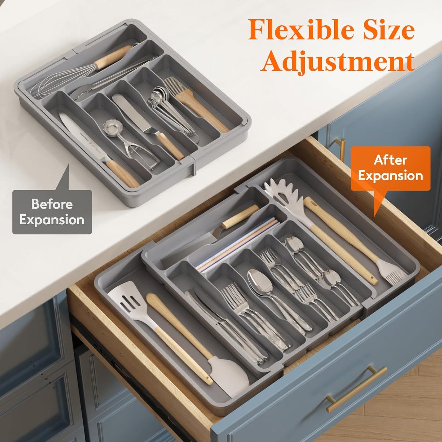 Lifewit Utensil Organizer for Kitchen Drawer, Expandable Cooking Silverware Tray, Adjustable Cutlery Flatware Holder, Plastic Spatula Tools Storage Divider, 14.4 x 15.8", Black