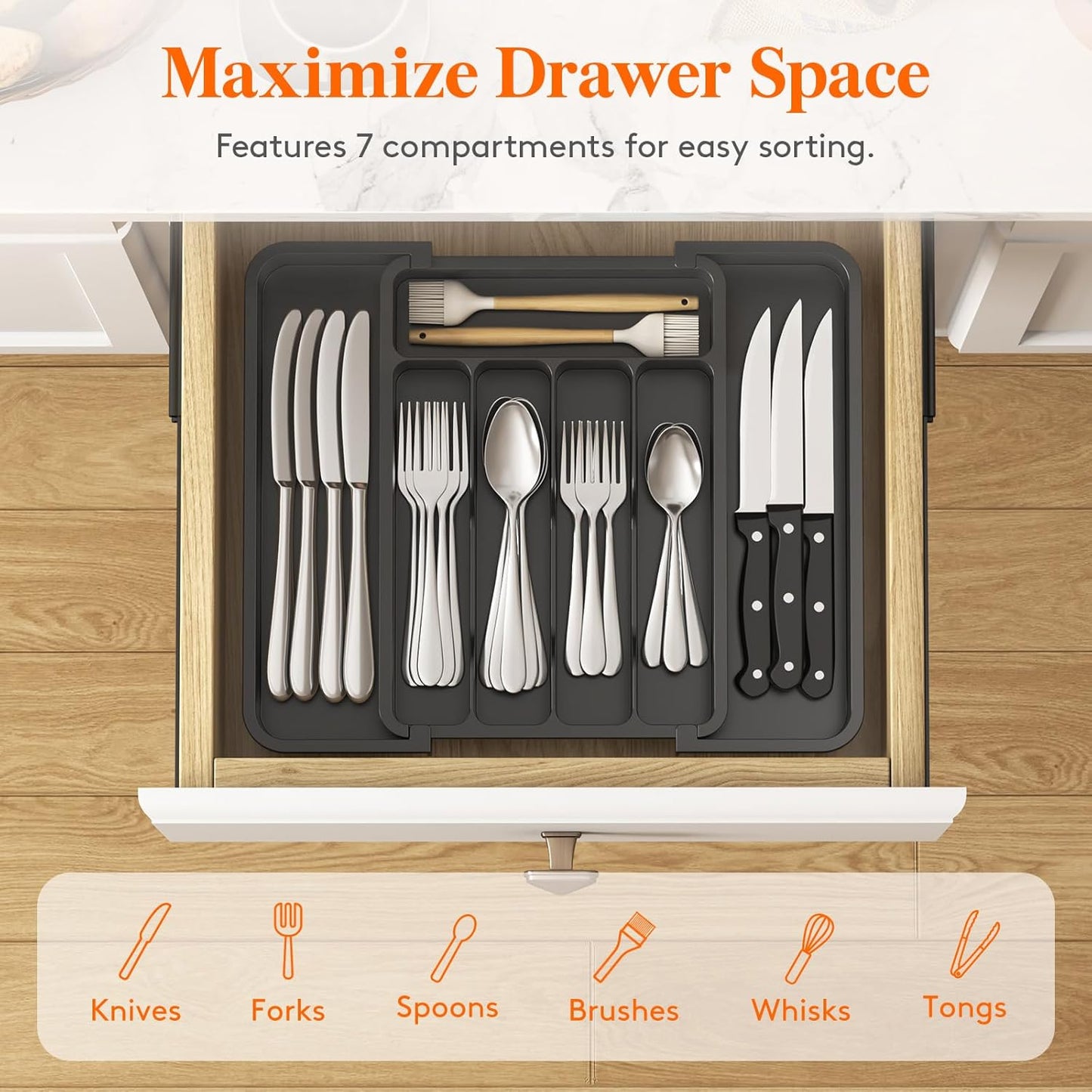 Lifewit Silverware Drawer Organizer, Expandable Utensil Tray for Kitchen, BPA Free Flatware and Cutlery Holder, Adjustable Plastic Storage for Spoons Forks Knives, 11-18 x 14", Black