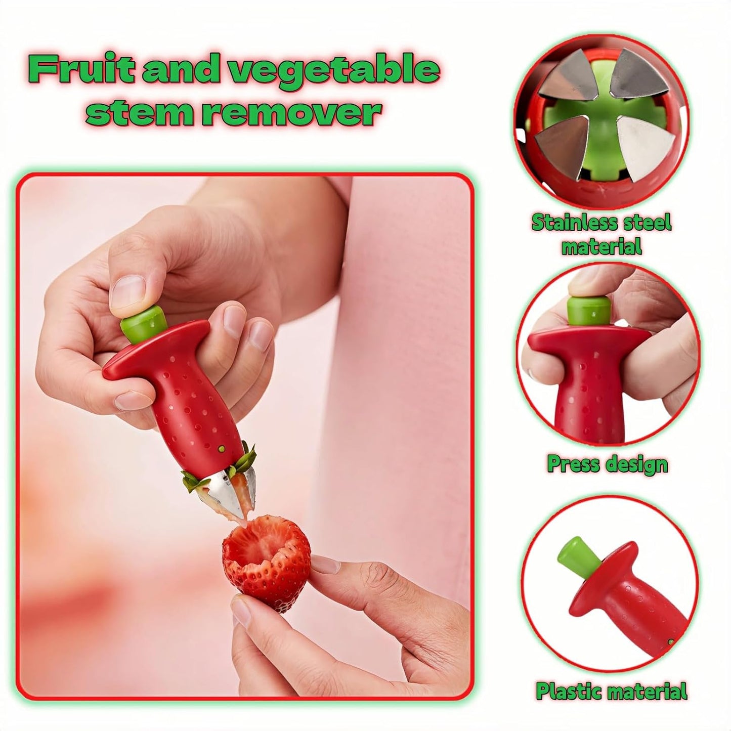 Strawberry Huller Stem Remover, Stainless Steel Fruit Corer Tool for Strawberries, Tomatoes, Pineapples, Red/Green, 2 Pack