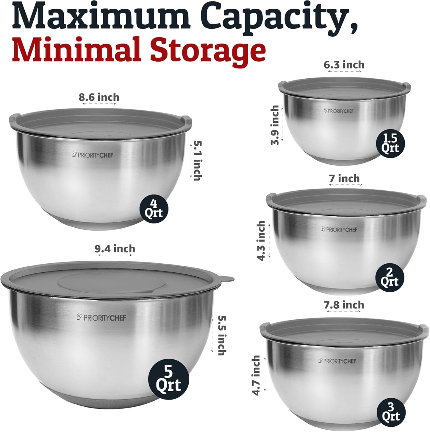 Priority Chef Stainless Steel Mixing Bowls with Lids Set, 3 Grater Attachments, Airtight Lids, Non-Slip Silicone Base Mixing Bowl Set, Large Prep Metal Mixing Bowls for Kitchen, Black