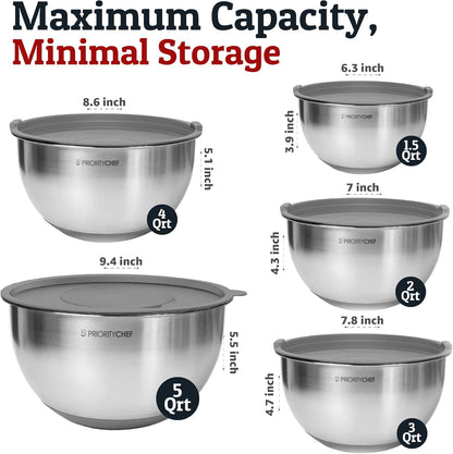 Priority Chef Stainless Steel Mixing Bowls with Lids Set, 3 Grater Attachments, Airtight Lids, Non-Slip Silicone Base Mixing Bowl Set, Large Prep Metal Mixing Bowls for Kitchen, Black