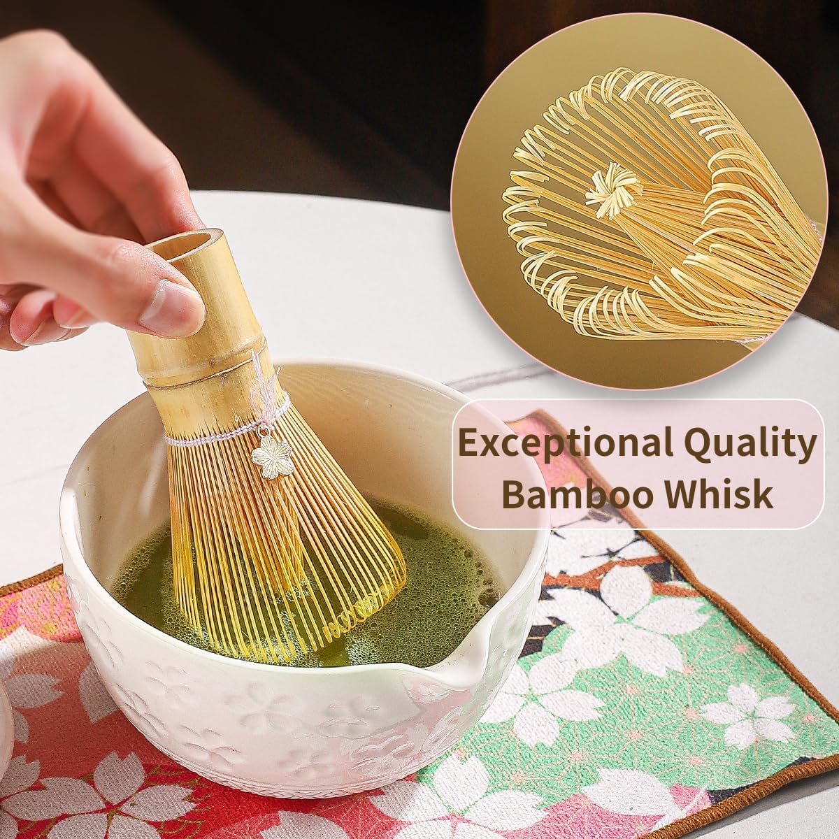 8-Piece Matcha Ceremony Set - Tea Kit with Cherry Blossom Bowl, Bamboo Whisk, Wood Scoops, Tea Cloth & Floral Display - Gift-Ready Pink Cherry color box (blue)