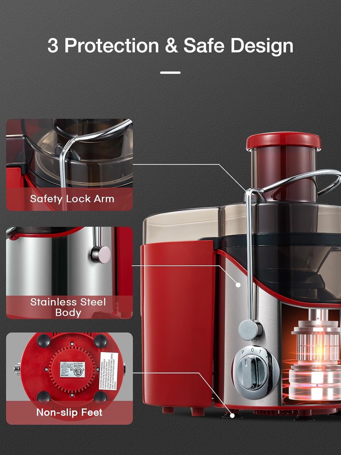 Juicer Machines, Juilist 3" Wide Mouth Juicer Extractor Max Power 800W, for Vegetable and Fruit with 3-Speed Setting, 400W Motor, Easy to Clean