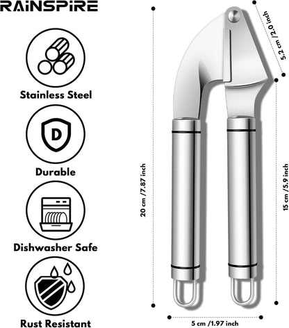 Rainspire Premium Garlic Press Stainless Steel, Garlic Mincer Tool, Garlic Crusher Tool, Garlic Smasher Garlic Masher Includes Silicone Garlic Peeler & Cleaning Brush, Dishwasher Safe (Silver)