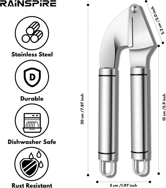 Rainspire Premium Garlic Press Stainless Steel, Garlic Mincer Tool, Garlic Crusher Tool, Garlic Smasher Garlic Masher Includes Silicone Garlic Peeler & Cleaning Brush, Dishwasher Safe (Silver)