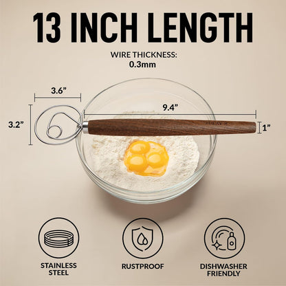 Zulay Kitchen 13-Inch Danish Dough Whisk - Stainless Steel Wooden Whisk with Dough Hook - Sourdough Whisk for Bread, Pizza, Pastry, Cake Batter & More - Wood