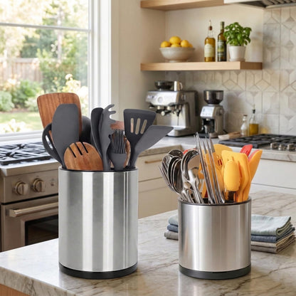 Nigelia Extra Large Kitchen Utensil Holder, 360° Rotating Stainless Steel Cooking Utensil Holder for Countertop, 3 Compartment Flatware Organizer & Cooking Caddy with Removable Base（Silvery）