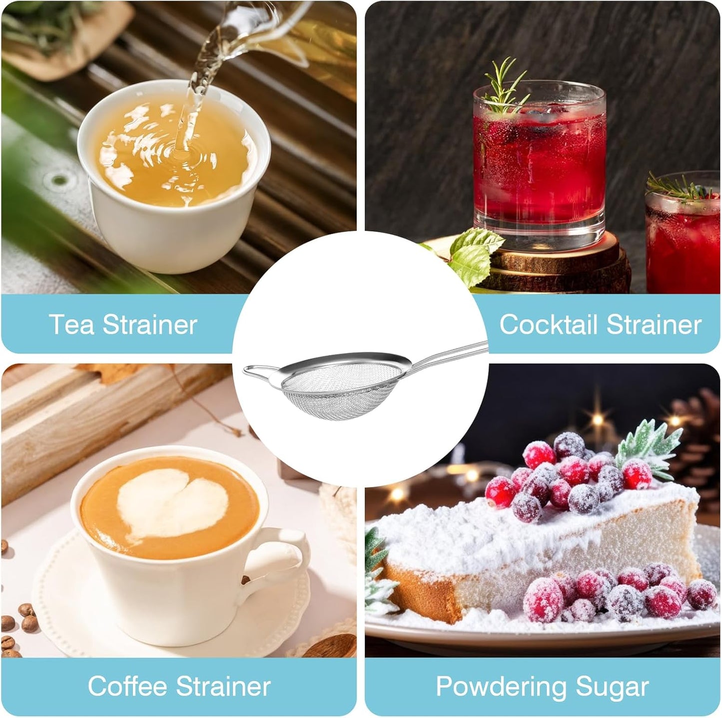 15 Pcs Stainless Steel Small Strainer, Small Fine Mesh Tea Strainer, Mini Stainless Steel Sieve with Handle, Kitchen Metal Sifter Strainers for Tea, Juicing, Coffee, Cocktail, Powdered Sugar, Matcha