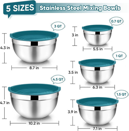 TeamFar Mixing Bowls with Lids, 5-Piece Stainless Steel Metal Nesting Salad Bowl for Mixing Prepping, Healthy & Heavy Duty, Airtight Lids & Dishwasher Safe, 4.5/3/1.5/1/0.7 QT-Khaki