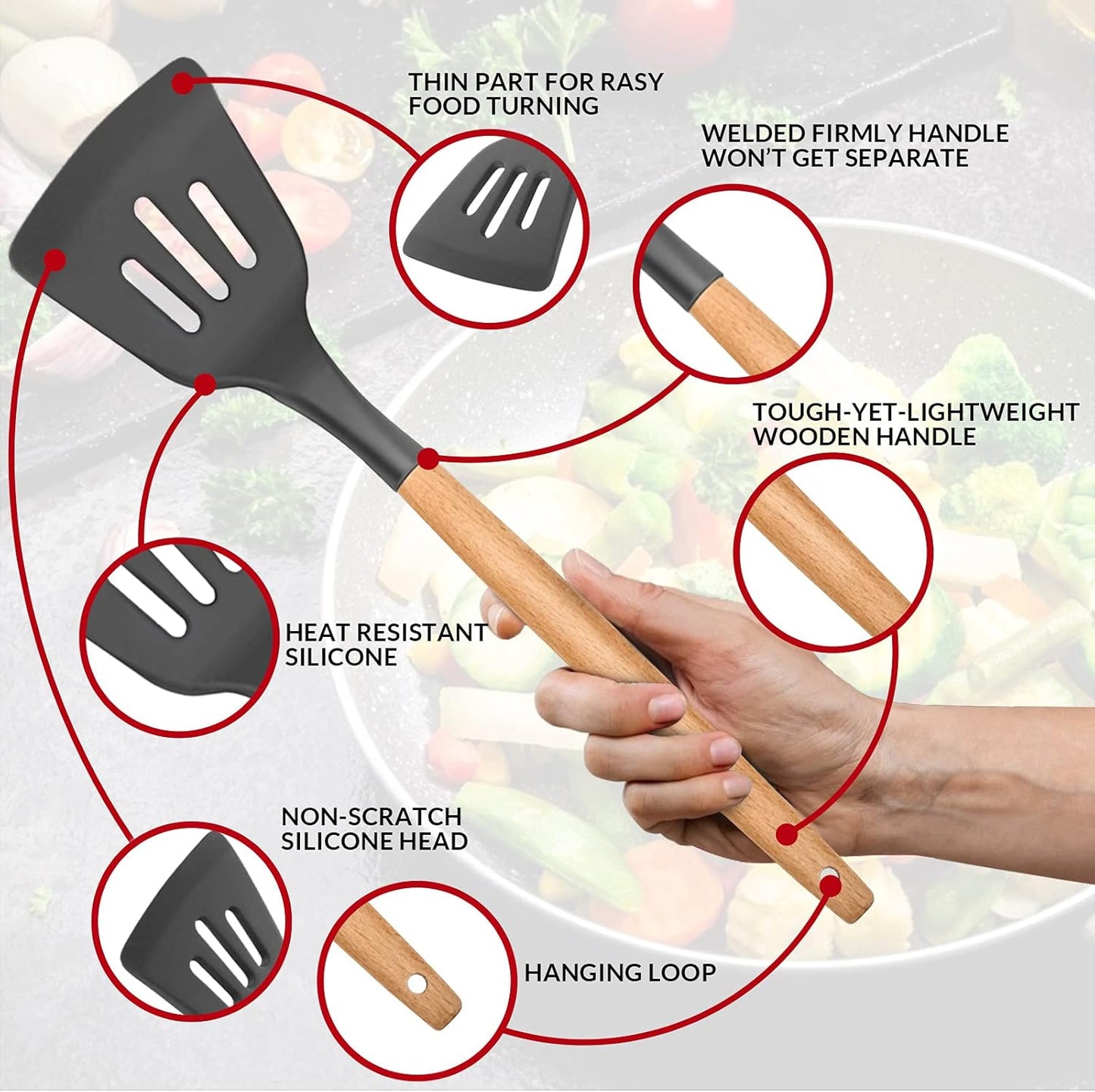 E-far Cooking Utensils Set of 6, Silicone Kitchen Utensils with Wooden Handle, Non-stick Cookware Friendly & Heat Resistant, Includes Spatula/Ladle/Slotted Turner/Serving Spoon/Spaghetti Server(Khaki)